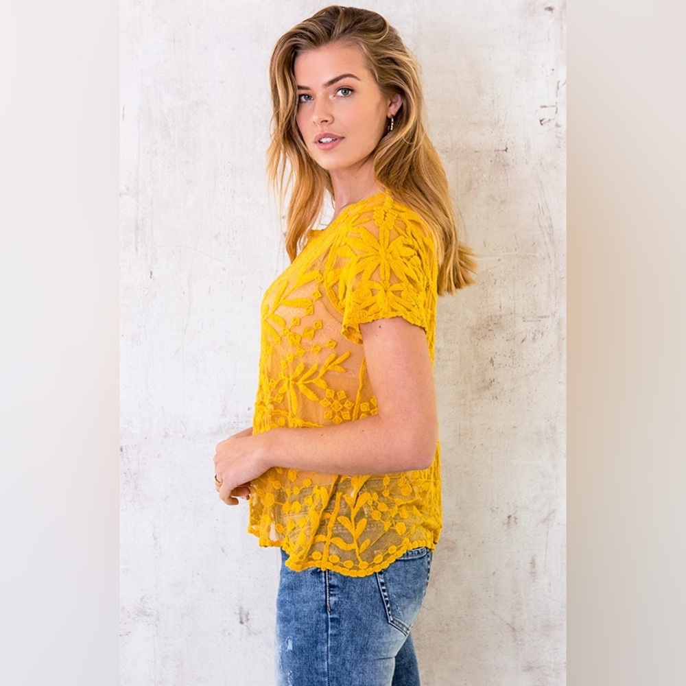 Zara Women’s Orange Mustard Embroidered Tulle Floral Blouse - Picture 2 of 11